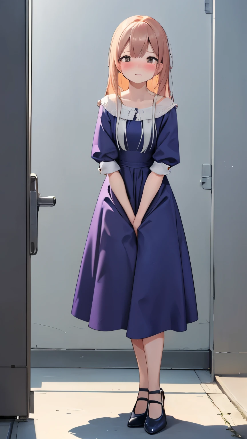 (SIGMA 200 mm F/1.8, 1/1000 sec shutter, award-winning photo), (beautiful medium breasts, shiny skin), (have to pee-pee:1.1), (Disheveled hair), (The expression of someone desperately trying to hold in her pee-pee:1.1), (She needs to pee-pee so badly:1.1), (She arrived at a public toilet), (Panting:1.1), (Full face blush:1.3), Squinting, (pee-pee dance), (Constricted Pupils:1.1), (Impatience:1.1), (flustered:1.3), Her whole frame looked tense and frozen, legs straight standing on tiptoes, arms stiff, her whole posture unnaturally tight, She stood like someone trying not to break under pressure, (She keeps frantically clutching herself crotch:1.2), (wearing peasant Dress, Pumps:1.3), (wide shot), (8K, ultra-detailed, best quality, ultra-detailed face, anatomically perfect figure, extremely detailed glamorous curvy body girl), (side view:0.6), nsfw,