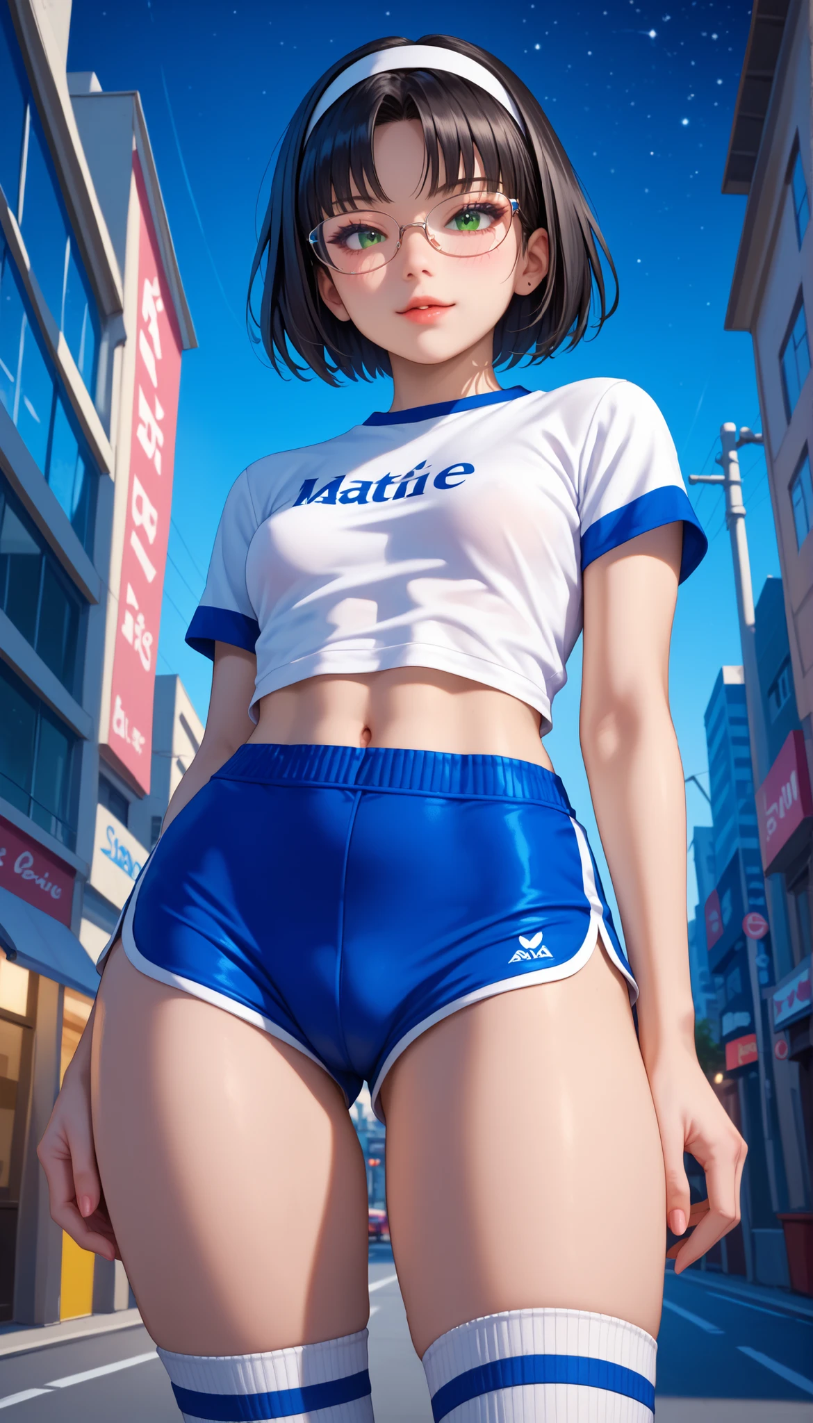 (ultra-detailed), (Ultra-high resolution), (8k), (HD), (High Quality), (Top quality), (High-Detailed), (Detailed CG), (Cinematic Shadow:1.0), (Beautiful Detailed Eyes), (Ultra Resolution), (Depth of Field), (High Resolution), (Masterpiece), (best quality), (amazing quality), (very aesthetic), (perfect eyes), (Anime Art style), (look at viewer), (cowboy shot), 1girl, Tomie, (solo:1.4), black hair, bob hair, parted bangs, Alice band in hair, green eyes, eyeglasses, cropped Addidas t-shirt, short sports jersey shorts, thigh high sports socks, small breasts, perky breasts, slender build, long legs, thick thighs (thigh bulge in socks) standing, hands by side, arms by side, an urban street city, night sky, starry sky, view from below