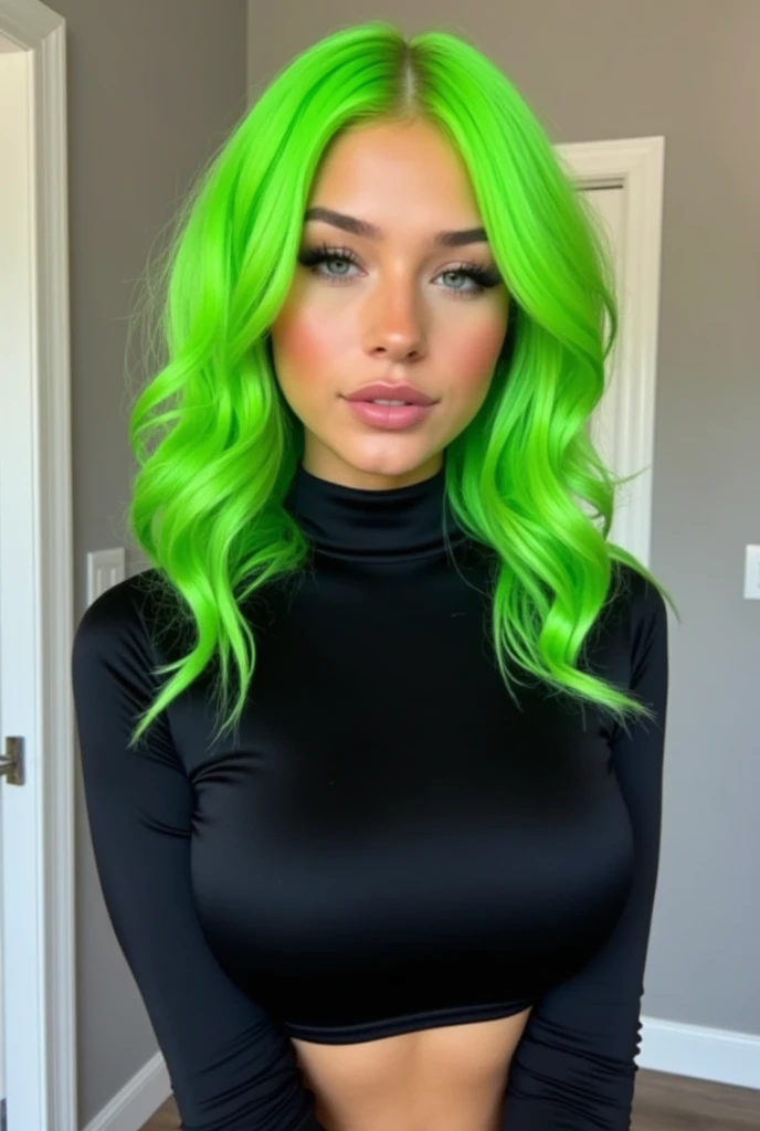 a woman with green hair and black bra top posing for a picture, green and black hair, green wavy hair, bright green hair, green flowing hair, green colored skin, long curly green hair, green colored skin!!, green hair, two color hair, dark green hair, green and black, green mane, green and black colors, long green hair