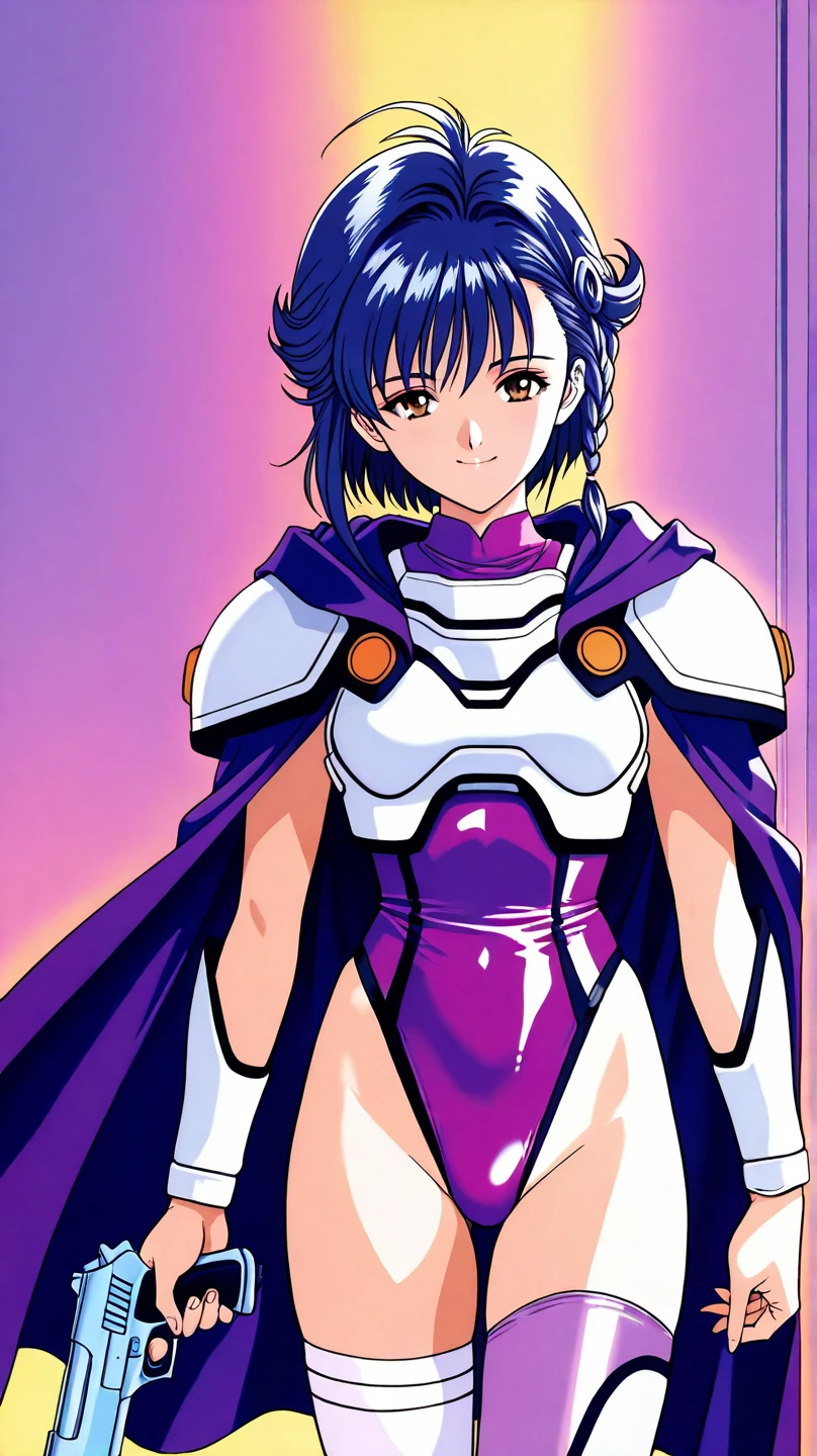 "(masterpiece:1.1), best quality,
1girl, (80s anime style:1.3), (eyelashes:1.5), (loli:1.2),
(intricate high detailed body:1.2),
(purple hair:1.1), (blunt bangs:1.1), (bob cut:1.1), (hair ribbon:1.2),
purple eyes, (lip stick:1.3), (thick eyebrows:1.1),
(huge breasts:1.1),
(angry, smile:1.2),
(string body suit armor:1.2), (pantyhose:1.2),
(knight armor, armored boots:1.2), (fur:1.1), (ahoge:1.2), gloves,
standing,
(upper body, cowboy shot, looking at viewer, from front:1.1),
daytime, outdoors"