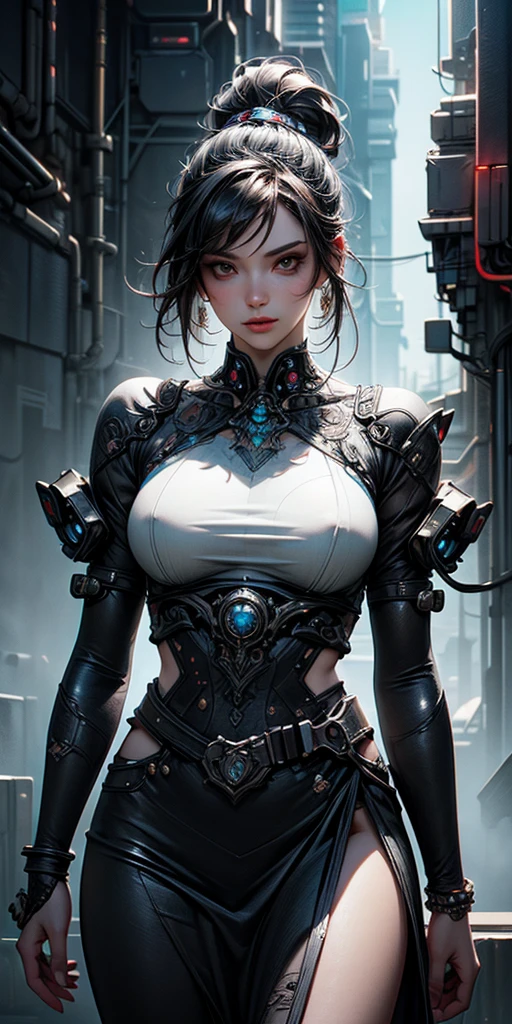 tmasterpiece，high qulity，3d，8k cg，Complicated details，Holy。trinkets，by DylanKowalski，（（1girl）），frontal photos，The upper part of the body，short detailed hair，prosthetic limbs，machine arm，synthetic skin，chinaware，pearls，holograph，TI，diamond，Red Jewel，sapphires，Pedras preciosas，Wind, junk, Frayed edges, armour,