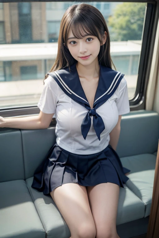 Asian woman in alafed in sailor suit on train、Japan Girl Uniform、Japan wearing school uniform、Japan wearing school uniform、girl wearing school uniform、seifuku、Wearing a sailor uniform、Wearing a school uniform、cute school girl、Sailor suit with loose coat collar、JK Uniform、Wearing a school uniform、a hyperrealistic schoolgirl、a hyperrealistic schoolgirl、Bright blonde ponytail