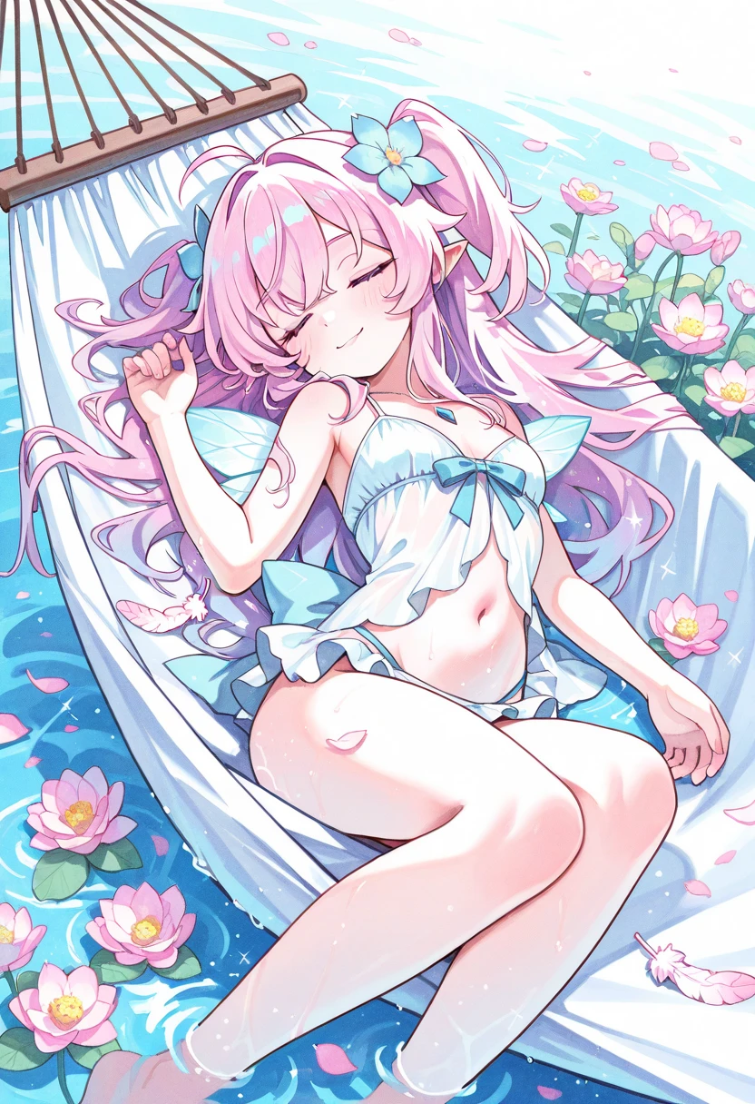 One girl、pink hair、PastelColors、cute little、blush、swim wears、summer