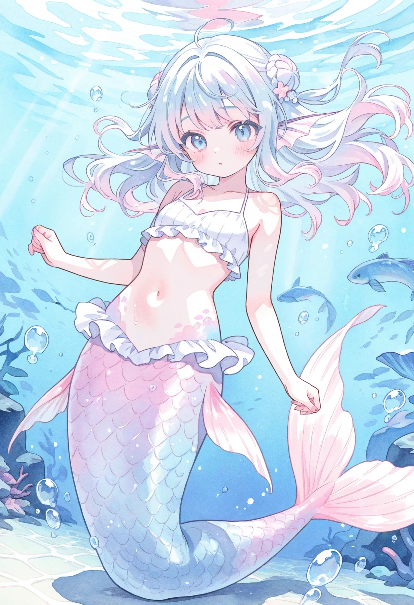 1girl, solo, cute girl, mermaid, pink mermaid tail, five fingers, nice hands, perfect hand, perfect anatomy, rating_sfw, cinematic lighting, masterpiece, amazing quality, best quality, detailed, official art, detailed eyes, best illustration, (underwater, submerged:1.4), (blush, cross halter bikini, light blue hair, long hair, wavy hair, green eyes:1.3), small breasts, (child:1.1), (petite:1.2), coral, :d, navel