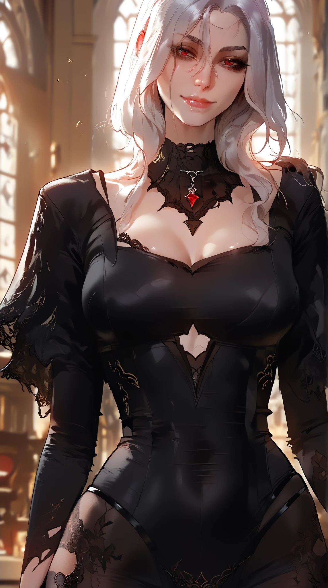 An adult woman half fox and wolf, wide breasts, red eyes, white hair, very shy, with an open little black dress
