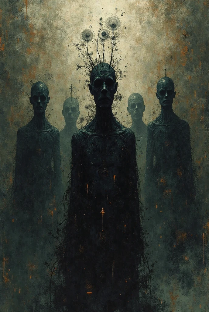 man with a humanoid face with many eyes and many arms, very tall , evening, Masterpiece, realism, zdzisław beksiński style, Oil Painting, Dark, darkness, perfect composition
