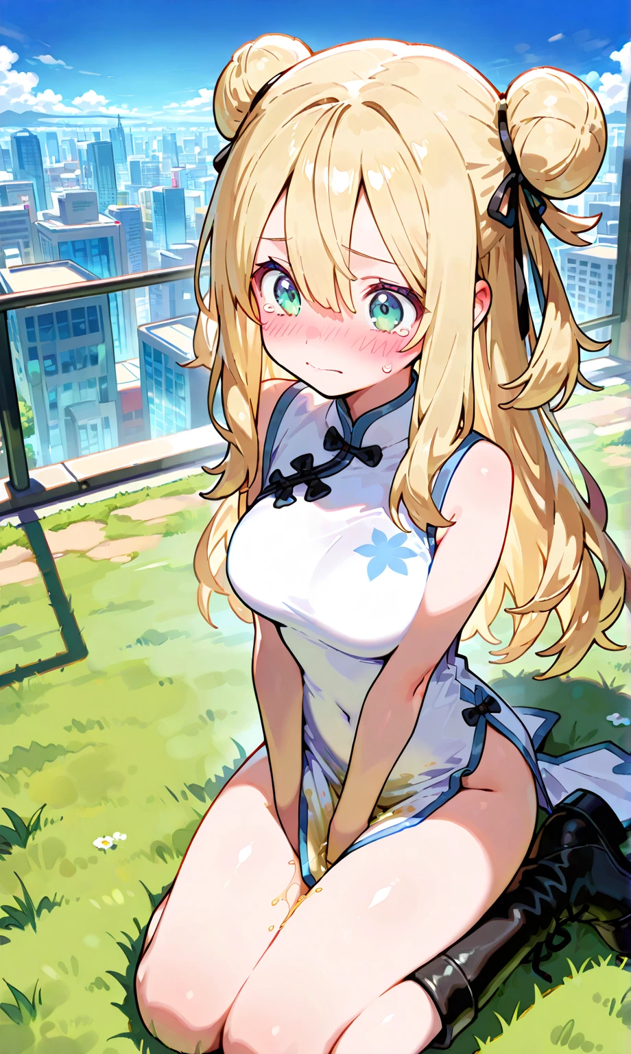 amagisylphy, sylphy, blonde hair, blue eyes, hair ribbon, long hair, ribbon, two side up,
BREAK cleavage, shorts, short shorts, blue shorts,
BREAK looking at viewer,
BREAK outdoors, city,
BREAK (masterpiece:1.2), best quality, high resolution, unity 8k wallpaper, (illustration:0.8), (beautiful detailed eyes:1.6), extremely detailed face, perfect lighting, extremely detailed CG, (perfect hands, perfect anatomy),
