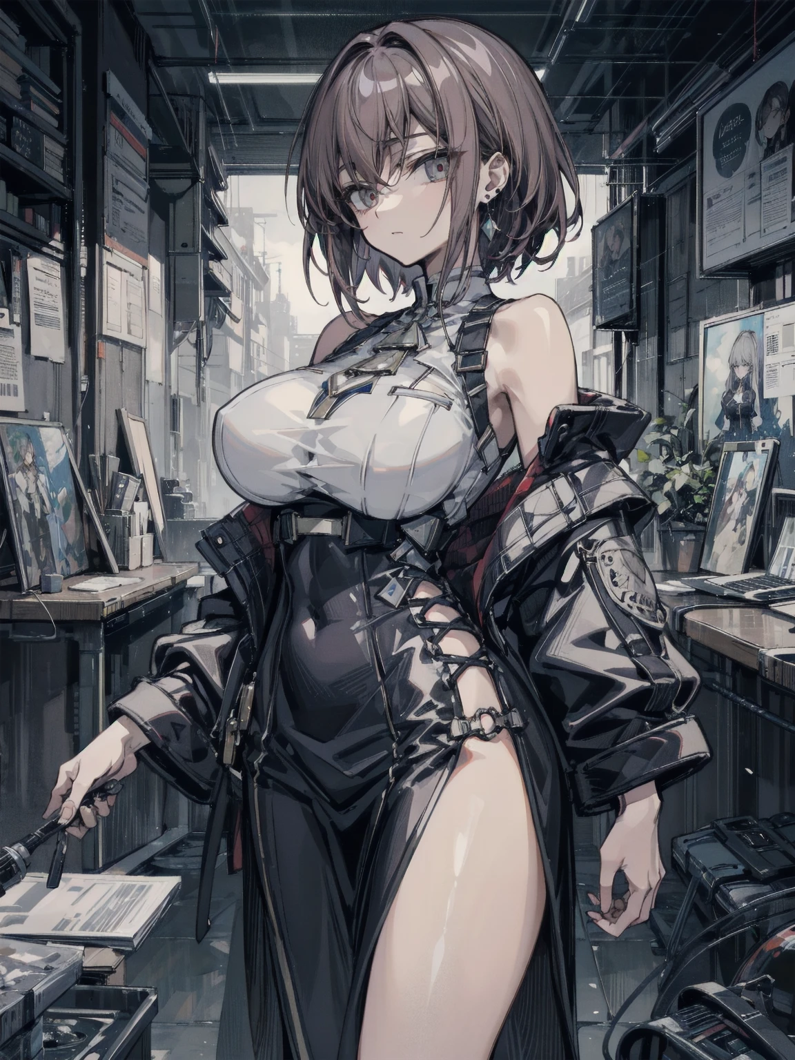 absurdres, RAW photo, extremely delicate and beautiful, masterpiece, Best Quality, ultra high resolution, 32k, hyperrealistic, ultra-detailed, perfect anatomy, anatomically correct, perfect figure, Perfect Style, Perfect balance, super Detailed skin, in her 30s, very Slim body, narrow waist, very small head, very small face, delicate facial features, handsome detailed woman, very detailed eyes and face, realistic face proportions, Realistic beautiful face, Realistic beautiful eyes, tearful mole, earring, very huge round tits, full body shot, bare legs, medium hair, indoor, a dark mysterious black market trader, trending trenchcoat,