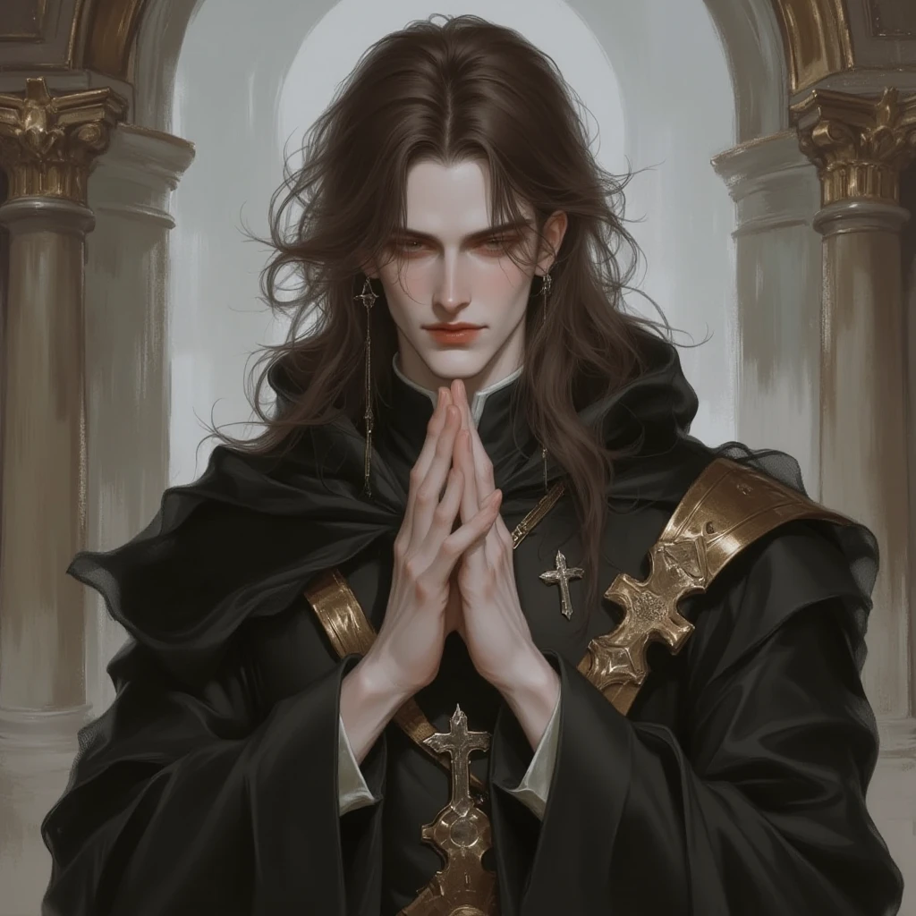 A young man, (((solo))), (25 years old, pale skin, tall, pale skin, round face, square jaw, completely red eyes, long black hair pinned, thick eyebrow), (he has a small red jewel in the middle of his forehead: 1.30) (he is a holy paladin, wears a costume of long fabric, of red and white colors, with gold and silver shoulder pads and bracelets), (he's bleeding, his fist on his chest beating continence, with a rosary in hand, in an ancient city, with white marble structures, with a rose garden in the background, blue sky, close-up, medieval fantasy), (he conjures a red energy around him)