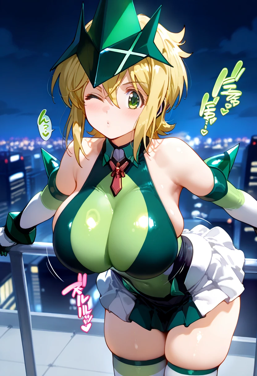 closed eyes, green transparent background, dynamic angle, flying in the center, ((masterpiece, best quality)), kirika akatsuki, aakirika, 1girl, topless, solo, young female, model, blonde hair, long wavy luminous hair, long bangs, huge breasts, g-cup breasts,full breasts, highest details, luminous eyes, x hair ornament, green eyes, ((futuristic magical girl)), elbow gloves, skirt, pantyhose,kirika akatsuki, short hair, x hair ornament,