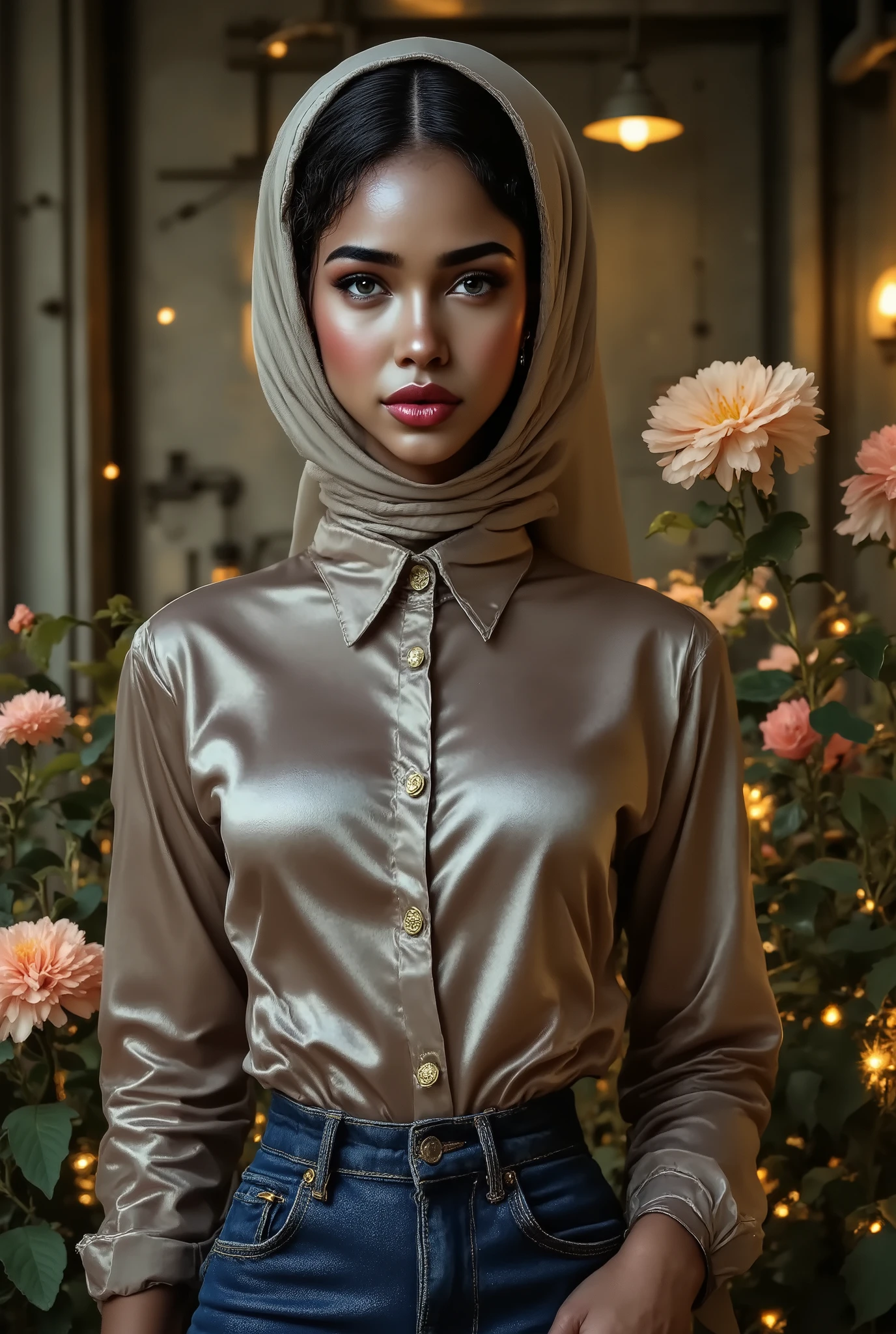 Foto hiperrealista en primer plano de bi-racial woman, masterpiece, best quality, (photorealistic:1.4), luxury long button up satin shirt, blue jeans, wearing a hijab, cinematic light, in a old abandoned factory, amber twinkle lights in background, romantic lighting, (surrounded by flowers:1,15)