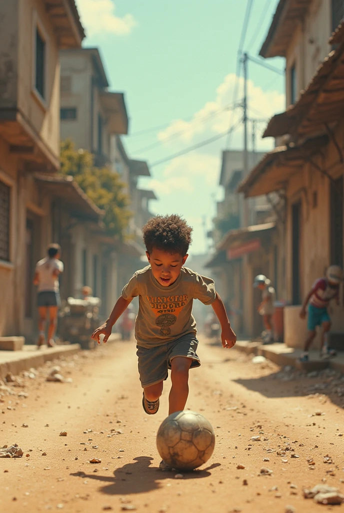 A poor Afro-Brazilian boy in a favela in Porto Alegre Rio Grande do Sul Brazil drawn by Todd McFarlane and Greg Capullo, he is wearing old and torn clothes, he is shotting a soccer ball and playing with the ball with your dog, a favela in the background, Robert Downey Jr Reference., engine unreal, octane rendering, por Jacob Lawrence e Francis Picabia, perfect composition, beautiful detailed intricate insanely detailed octane rendering trending on artstation, 8k art photography, photorrealistic concept art, soft natural volumetric cinematic perfect light, Bright dark, rewarded photography, work of art, oil on canvas, rafael, caravaggio, Greg Rutkowski, beetle, Beksinski, giger, beautiful perfect face with perfect face, a smile on your face with two large central incisors, the detail, highy detailed, photo realist