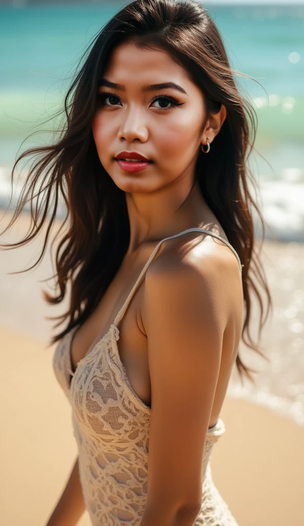 A Asian pinkhair girl with beautiful shape of rounded hips and a perfect back at the beach dont looks at the camera, hiperealistic