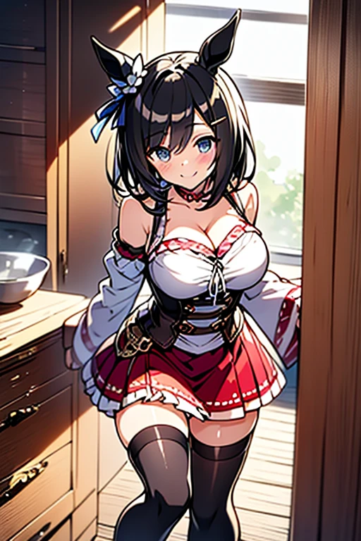 Highly detailed and realistic CG, Colorful, Masterpiece, Best Quality, jewel-like eyes, 1girl, solo, cute girl, brown hair, short hair, spiky hair, long bangs, grin, evil smile, tube top, hot pants, strapless, dark skin, big breasts, leaning forward, hand between legs, half-closed eye, boots,