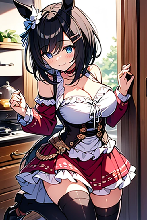 (fantasy:1.5),(anime,8k,masterpiece, top quality, best quality,beautiful and aesthetic:1.2,professional illustrasion:1.1,ultra detail:1.3,perfect lighting),extremely detailed,highest detailed,incredibly absurdres , highres, ultra detailed,intricate:1.6,(Alchemy Workshop:1.4),A girl mixing,Medicine in many small bottles,holding small potion,colorful:1.4,zentangle,(1girl),(girl),(Three kingdoms female warload),(highly detailed beautiful face and eyes,firm breasts),oily skin,((black,hair,short bob with short pony tail hair)),thin pubic hair,cute,lovely,34 years old,alchemist costume,Merchant's Clothing,smile,in the kitchen,smile,seductive weak smiling,(with sparkling eyes and a contagious smile),open mouth, Looking at Viewer,