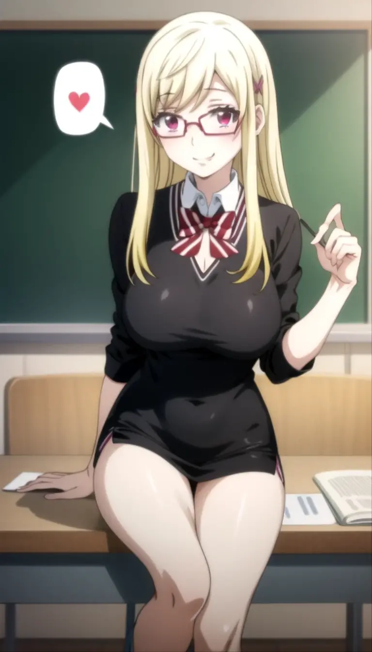 Anime girl with glasses and a black shirt posing in a classroom., oppai, con big breasts, biomechanical OPPAI, big breasts!, seductive anime girl, (sfw) Insurance for work, big breasts!!, oppai proportions, Nagatoro, breasts covered and sfw, anime moe art style, cyberpunk oppai, Ecchi anime style, Con big breasts (anime girl) Yamada mocking smile_yellow, 1chica , by rubio, alone, wide, hair ornament, , smile, bow, red eyes my dress darling anime, beautiful seductress anime anime