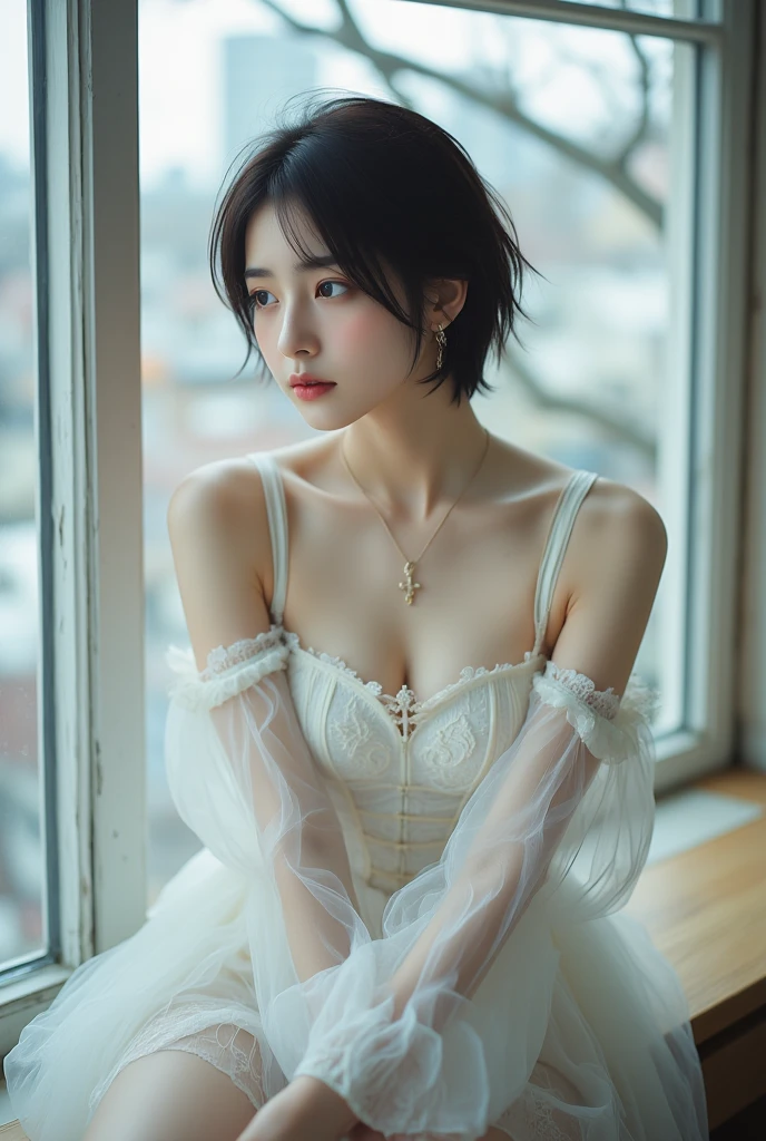(photorealism:1.2), beautiful woman,intricate details, cool colors, short straight hair, blue eyes, standing, hourglass figure, wearing tank top and shorts, Asian beauty, unreal beauty, long slim legs, small waist,