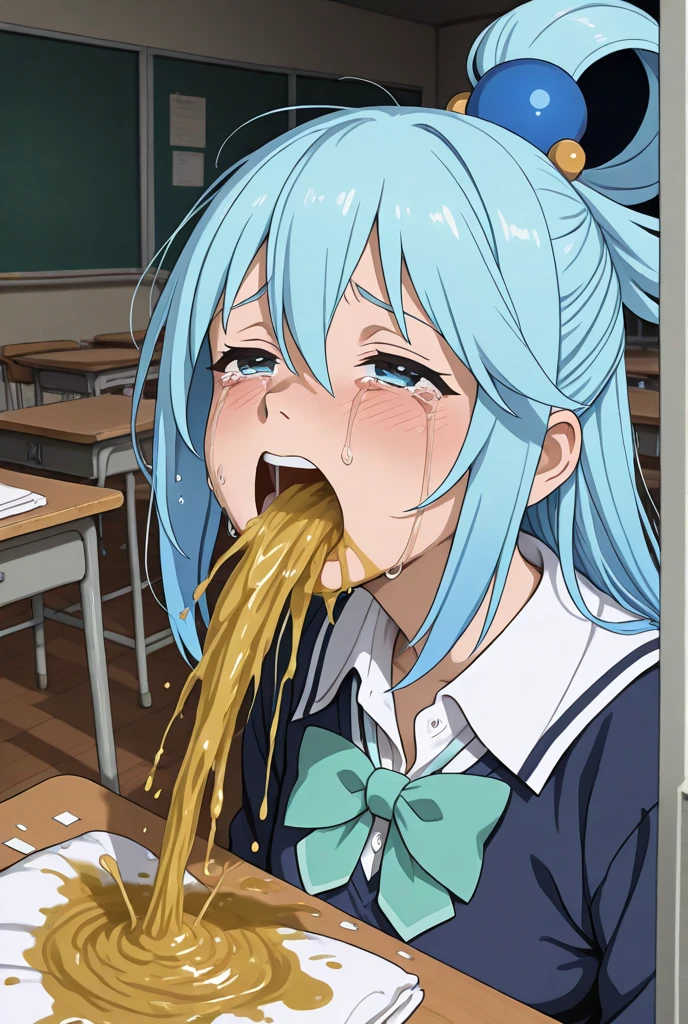 score_9,score_8_up,score_7_up,high resolution, 1 erotic college agel,Green hair,glasses,low ponytail,winter School uniform+cleavage,thick nipples,erection of nipple,collar,(multiple penis+ejaculation:1.5),(open mouth+out tongue:1.2),(excessive bukkake+excessive cum+cum in mouth+cum in hair+cum facial+cum on body:1.2),(ahegao+double peace:2),from above,upper body,looking at viewer,Restroom