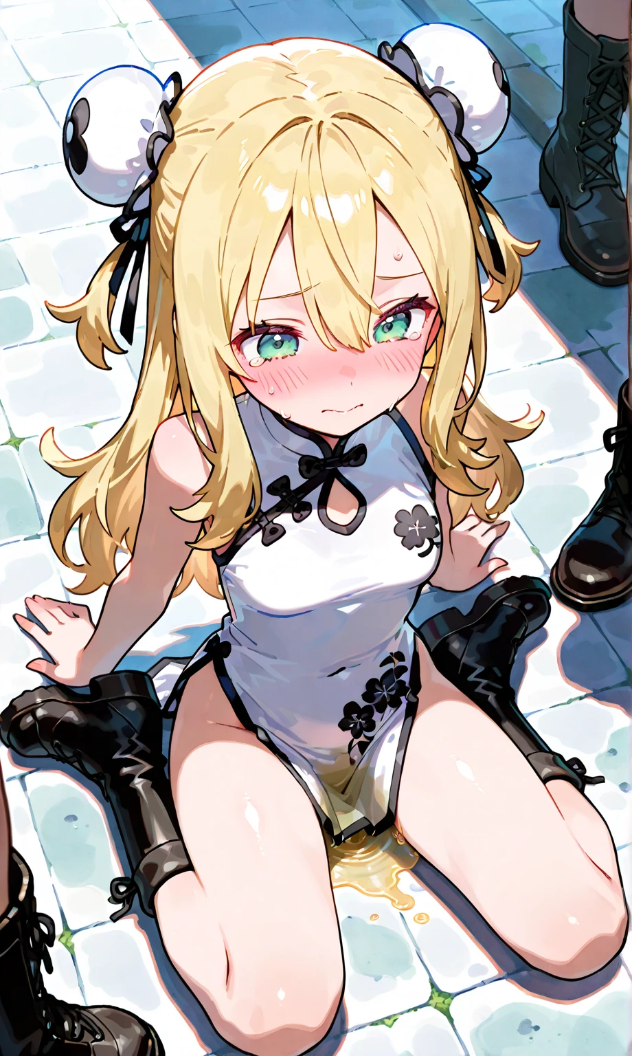 1boy and 1girl, Angle from the front、close up 
breasts,  Angle from below, The girl bends forward to show off her breasts、(Tanned shiny black skin:1.6)、Squint your eyes, ((seductive evil grin)), (10 years old girl), Stick out your tongue、blondes、Twin tails、Pin your bangs to show your forehead、Small breasts, ((bikini armor))、At the camp、((paizuri)), 1penis, ((eject ???)), (??? to breasts)、((Amazon Position)), (The boy has his legs open)、