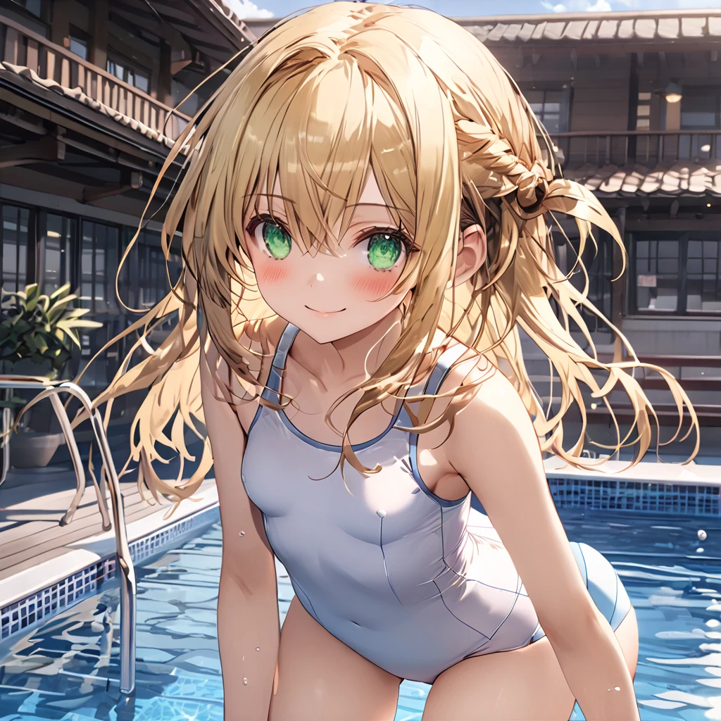 masterpiece,16k,8k,Delicate expression,highest quality,high resolution,High resolution,Sweat,1girl,look at viewer,blush,happy smile,sweat stains,steam,wet,fish eye lens,cowboy shot,summer,from front,from above,(pov:1.4),fisheye lens,upper body,show your oral,open mouth,kiss,long tongue out,show off armpits,sleeveless,pool,blond hair,green eyes,cat eyes,sitting,school swimsuit