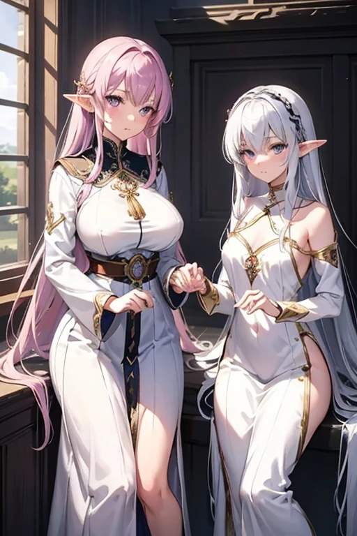 2 elf girl, posing for a picture on bed, kissing each other, boob touching, hand on chest, touching breast, (two tone colored hair, red and white hair), blushed face, battle knight suit, breast plate, long skirt, big breast, pixiv, anime girls, mischievous facial expression, (beautiful detailed eyes:1.6), extremely detailed face, perfect lighting, extremely detailed anime illustration, (perfect hands, perfect anatomy),