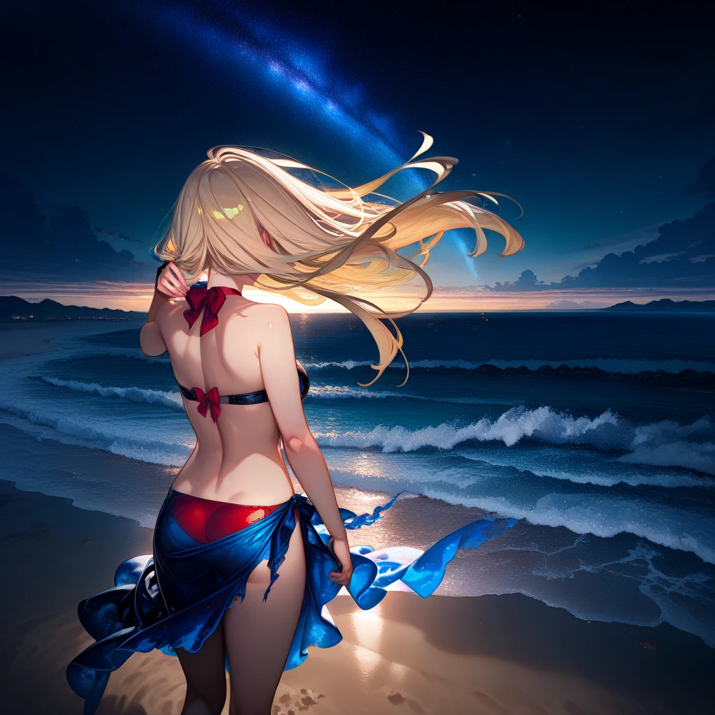 ((Masterpiece)), (Anime:1.3), ((best quality)), (RAW photo:1.2), (High Definition:1.3), (Professional Photography:1.2), (12 years old), (1girl), cute young girl, profile, BREAK, (naughty smile:1.3), open mouth, (tongue out), (Beautiful purple eyes:1.3), (dark skin), elf girl, (undress long white robe), bikini top, small breast, slim body, cute navel, (Asymmetric blunt bangs:1.3), messy hair, (medium hair), ((beautiful blond hair)), shortpants, BREAK, ((best quality)), (Childish pose), (On the wharf), the tropical country,