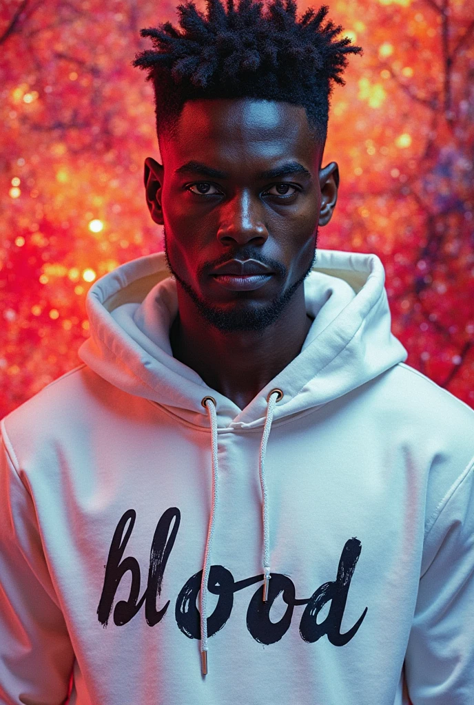 white spikey hair, dark skin, dark-skinned male, open black hooded jacket, red t-shirt, black pants