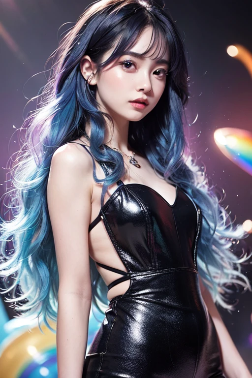 (((full medium shot))), (Masterpiece, photorealistic, photorealism, best quality, ultra-detailed:1.3), (nice hands, perfect hands), official art, cinematic light, (1girl:1.3), adult, K-pop idol, beautiful, looking at viewer, action pose, Tiered ruffle maxi dress, on stage, live performance, glowing particles, floral, aesthetic, beautiful color, rich color, vivid color, prismatic colors, illusionism, detailed, Shine colorful