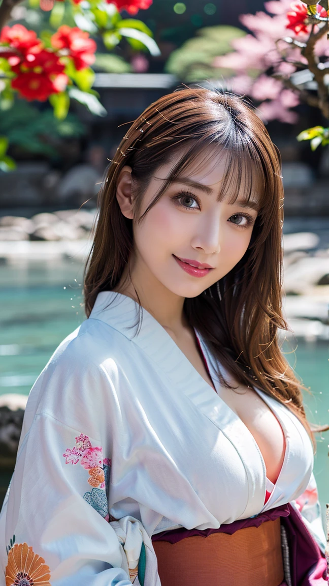 (Japanese Idols, 1 girl, Unparalleled beauty, Seduce, smile, Small face, Perfect Style, Body based on human mechanics, RAWphotograph, Real person:1.4) photograph, (Professional Lighting), (((Highly detailed face))), ((double eyelid)), (Boobs Sharp Focus:1.4), (Brown Hair, ponytail, Elegant light make-up, eyeliner, mascara:1.4), Huge breasts, Beautiful smooth skin, Soft Skin, 20-year-old, ((slender body)), (A pink yukata with the shoulders exposed and the front open, I can see her cleavage, Tifa Lockhart:1.4), Attractive face, NSFW, 