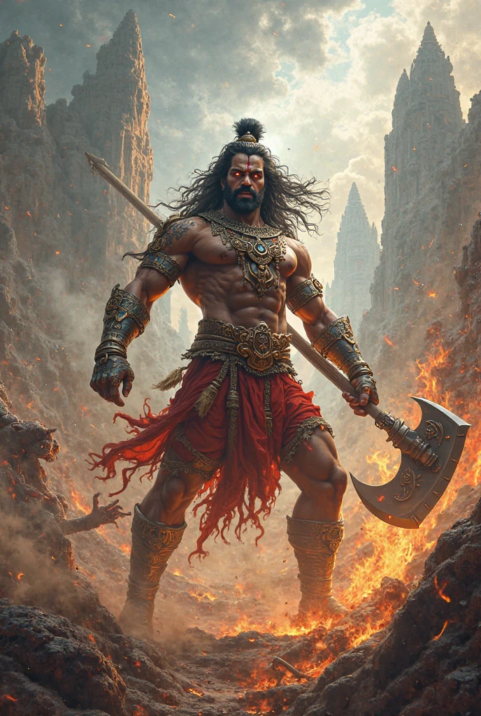 One bramhana pandit(parashuram) with great height and sixpack body holding big axe on his hands and He has an bow and arrows on his shoulder .he killed so many peoples in war ,so many warriors dead bodies are there ,the blood on his body looks like scary,he is walking like a big warrior in a war