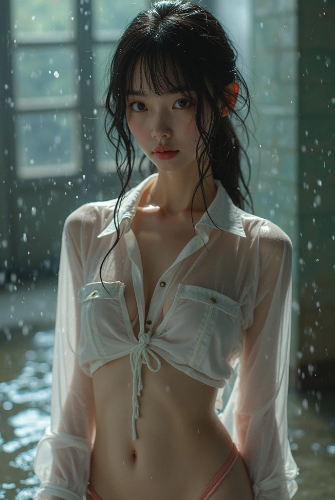 A mech girl,He has a delicate and beautiful face,((White cyborg body)),Spider-Man from Marvel,filmgrain,Splashed lotion,Clothes are soaked,It was drizzling