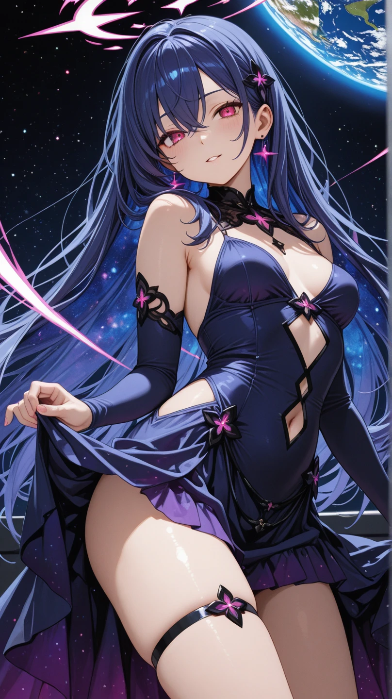 cowboy shot, masterpiece,Splash color, (cocktail glass), 1girl, solo, cat ears, multicolored hair, ((gradient hair), black+(blue)+(purple:0.5) hair//), very long hair, messy hair, bangs, ahoge, ((gradient eyes), pink+light_blue eyes//), slit pupils, glowing eyes, 1fang, high heels, whip, very short strapless dress, exposed stomach, starry background, smile