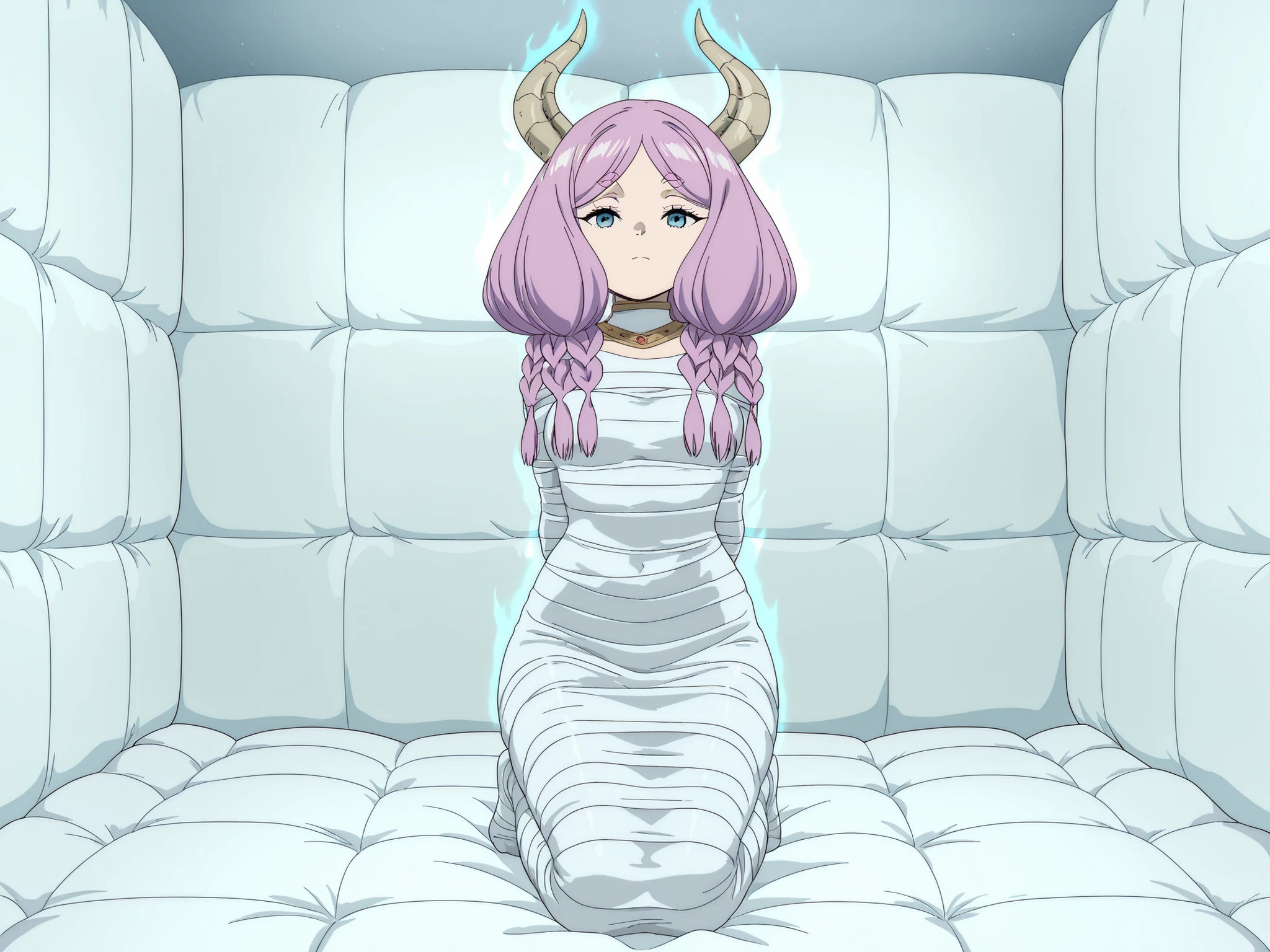 ,Aura, aura the guillotine,horns,pink hair,purple hair,purple hair, blue eyes, multiple braids,frieren-aura, horns,violet-pink hair, blue eyes, multiple braids,
,White bandage,All White tape,Mummification Bondage of White,White mummy,White mummification,White mummified,feet together,bondage,wrappedupgirl,Arms behind the body,Arm Mummification,
,Arms are pressed against the back,There is no space between the body and the arms,Hands behind the body,
,(masterpiece, best quality),anime style,beautiful girl,high resolution,vivid colors, extremely detailed,Ultra detail: 1.3,Vibrant colors,anime screenshot,
,Background an unadorned white Padded room,Background Small a featureless white room,
,One girl,a girl,Only one girl,1girl,solo,
,Whole full body,full body in frame,,face visible,,close-up,face focus,
,looking at viewer, direct eye contact,turned head,
