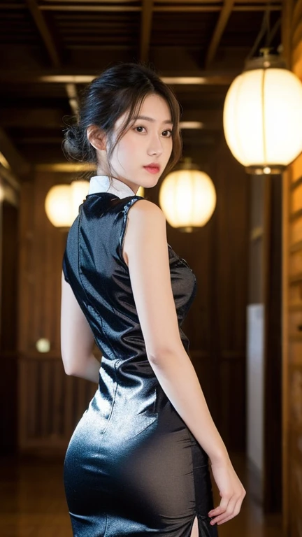 (8K, highest quality, Raw photo、masterpiece: 1.2), Super detailed, highest quality, ultra high resolution, professional lighting, photon mapping, radio city, Physically based rendering, cinematic lighting, Depth of written boundary, i concentrate,1 girl,、 (mountaintop)(full body shot), ((silk cheongsam dress)) (looking at the viewer:1.3) very slim, medium breasts, ((return)), ((from behind))(buckshot), cute, white skin、looking at the viewer, light smile,alone, (orgasm face)enchanting smile, wide opening, professional lighting, Sony α7R4, Zecy 50mm F1.8, medium breasts,thin and beautiful eyes,