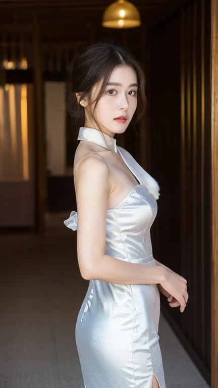 (Highest quality:1.4),(masterpiece:1.4),(Realistic:1.4),(Realistic:1.2),(超High resolution, RAW Photos:1.4),(High resolution, Very detailed:1.2),(8k:1.2),Movie Photos,a photo of a dark-haired,One Girl,alone,wear ,((China dress))、((Upper Body:1.3))