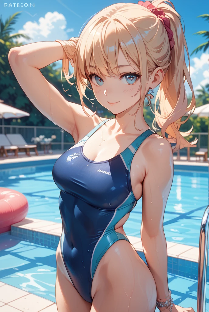 (masterpiece:1.3, top-quality, ultra high res, ultra detailed), (realistic, photorealistic:1.4), beautiful illustration, (perfect lighting, natural lighting), colorful, depth of fields, nfsw,
looking at viewer, (pov, close shot), 1 girl, japanese, high school girl, perfect face, cute and symmetrical face, shiny skin, tanned skin,
beautiful hair, beautiful face, beautiful detailed eyes, beautiful clavicle, beautiful body, beautiful chest, beautiful thigh, beautiful legs, beautiful fingers,
(middle hair:1.5, side ponytail:1.4, blonde hair), hair between eyes, blue eyes, (large breasts:0.8, seductive thighs), nipple hardening, crotch, sweaty,
(blue school swimsuit),
(beautiful scenery), evening, (pool), sitting, (lovely smile, upper eyes, open mouth small),