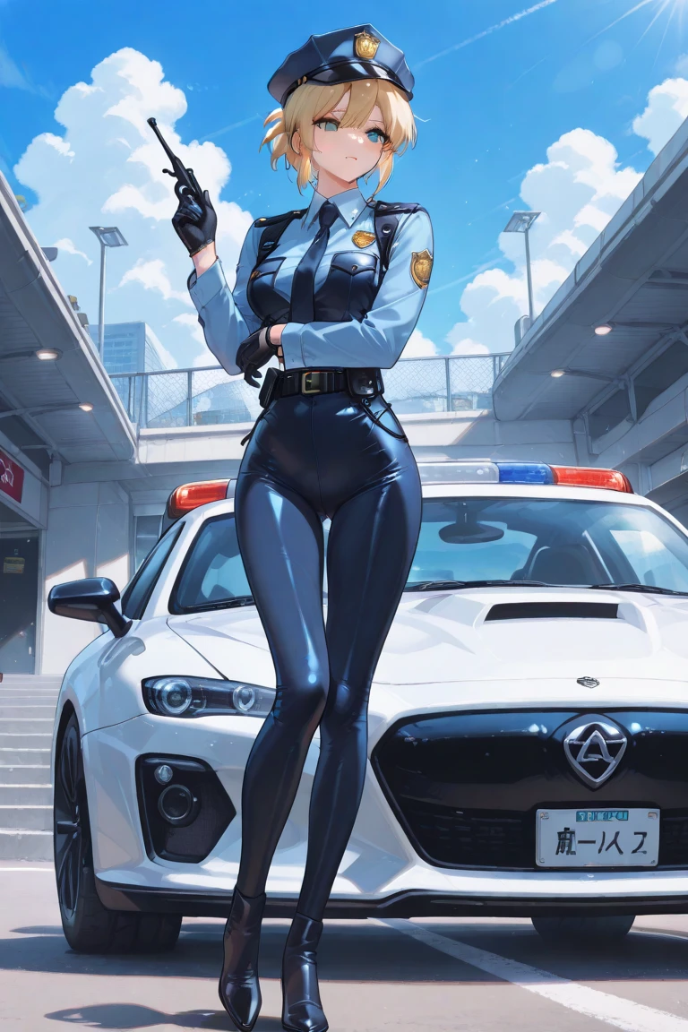 A dark-haired, muscular mature woman in a blue patent leather catsuit, wearing white gloves, white boots and a police cap, holding a submachine gun at the scene of a crime Police car
