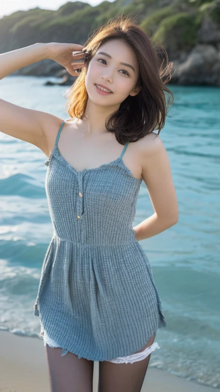 Highest quality, shape, Very detailed, finely, High resolution, 8k wallpaper, Perfect dynamic composition, Beautiful and detailed, Straight hair, Small breasts, Natural color lip, Random sexy poses,The best smile,30 year old adult beauty、Daytime、Beautiful and elaborate face、Perfect and beautiful face,Big eyes、RAW Photos、Expressing feminine poses with the whole body、Beautiful and detailed、Small face、Beautiful Duplex、Slim face and figure,Bright expression,Shooting with a focus on beautiful legs,White summer knitwear、Surf Casual、Summer clothes、Indonesia、bali、coastal、Beach