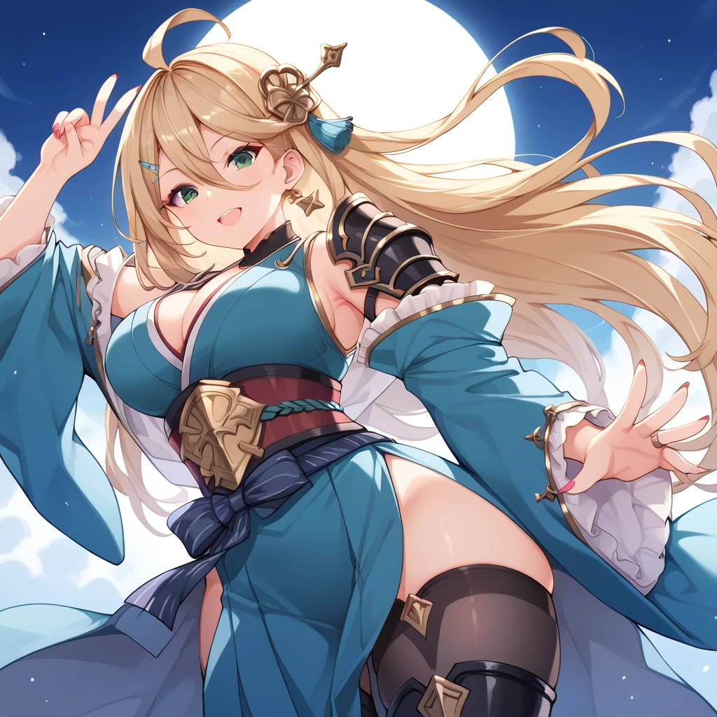 (masterpiece), best quality, expressive eyes, perfect face,1girl,kirara,genshin impact,japanese town,sakura petals in the air,magic stick,holding,holding magic stick,shy smile,blush,cowboy shot,glowing eyes,big breasts,cleavage,long hair,paw pose,bare shoulder,magical girl,studio lighting,(sparkle:0.9),(glitter:0.9)