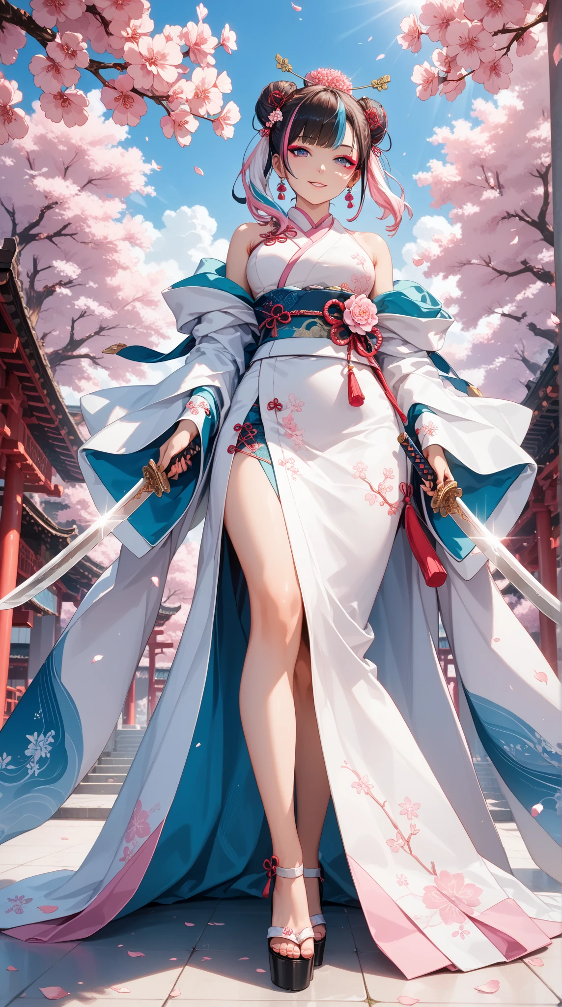 Biologically correct limb count)),(( From head to toe,Full-body photo including face)),4K,((Standing position)),masterpiece,((Focus on the face)),((Symmetrical facial features)),Eyes with detailed description,Beautiful woman,Great style,Beautiful arms,Beautiful feet,Beautiful Hands,(Small Ass,Thin thighs),Facial details,((High heels,Patterned stockings),Realistic photos,blue eyes, hair ornaments, Hair Ribbon,Random color see-through kunoichi costume、Japanese see-through female samurai costume、See-through female ninja costume,, Open clothes, Collared dress emphasizes cleavage、胸の谷間のSweat is noticeable、Professional lighting light reflection、 looking at viewer, (masterpiece:1.2), Highest quality, High resolution, unity 8k wallpaper, (figure:0.8), (Beautiful fine details:1.6), Highly detailed face, Perfect lighting, Highly detailed CG, (Perfect hands, Perfect Anatomy),heavy rain、heavy rainで全身びしょ濡れ、heavy rainで全身びしょ濡れの服、High heels、 ((Perfect handsの形))、(Perfect foot shape、Embarrassed expression、blush、Gestures to seduce a man、Shining Sweat、Perfect Skin,Sweat is noticeable、太もものSweat is noticeable、 Fair skin,Tight waist, Sweating profusely、Sweaty hair、Sweaty clothes、Sweaty、Visible sweat、rain-wet hair、A vast Western church with stained glass windows、Holding a Japanese sword、Athlete System、cherry blossoms、Blonde、Silver Hair