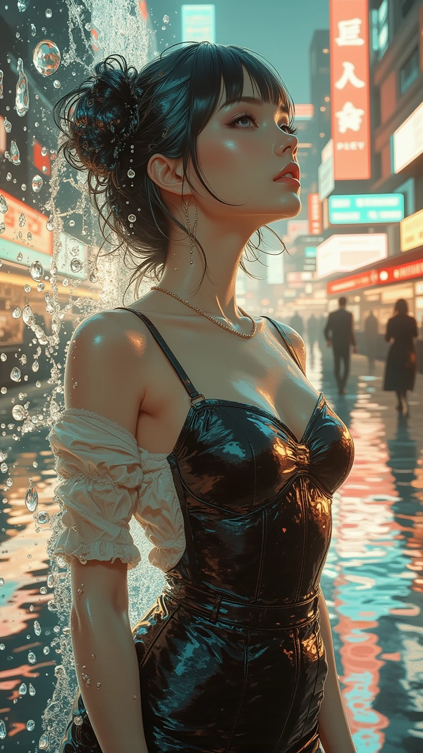 Ultra-realistic art, gallery-grade work, ultra-precise, visually impressive, sublime masterpiece, peak clarity, dusk dark sky, night lighting, hotel poolside
girl, solo, deep shadow, standing, sheer white bikini, 80% sheer bikini, sheer skin, rain wet bikini, rain wet face, rain wet hair, slender body, slightly open lips, thin waist, big hips