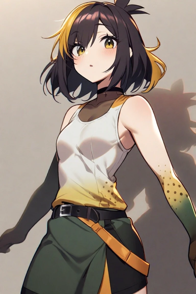 young girl, short brown hair, Two beams, Yellow eyes, Chinese sleeveless dress, Shorts, Tiger ears, tiger tail, ssmile, Masterpiece, hiquality