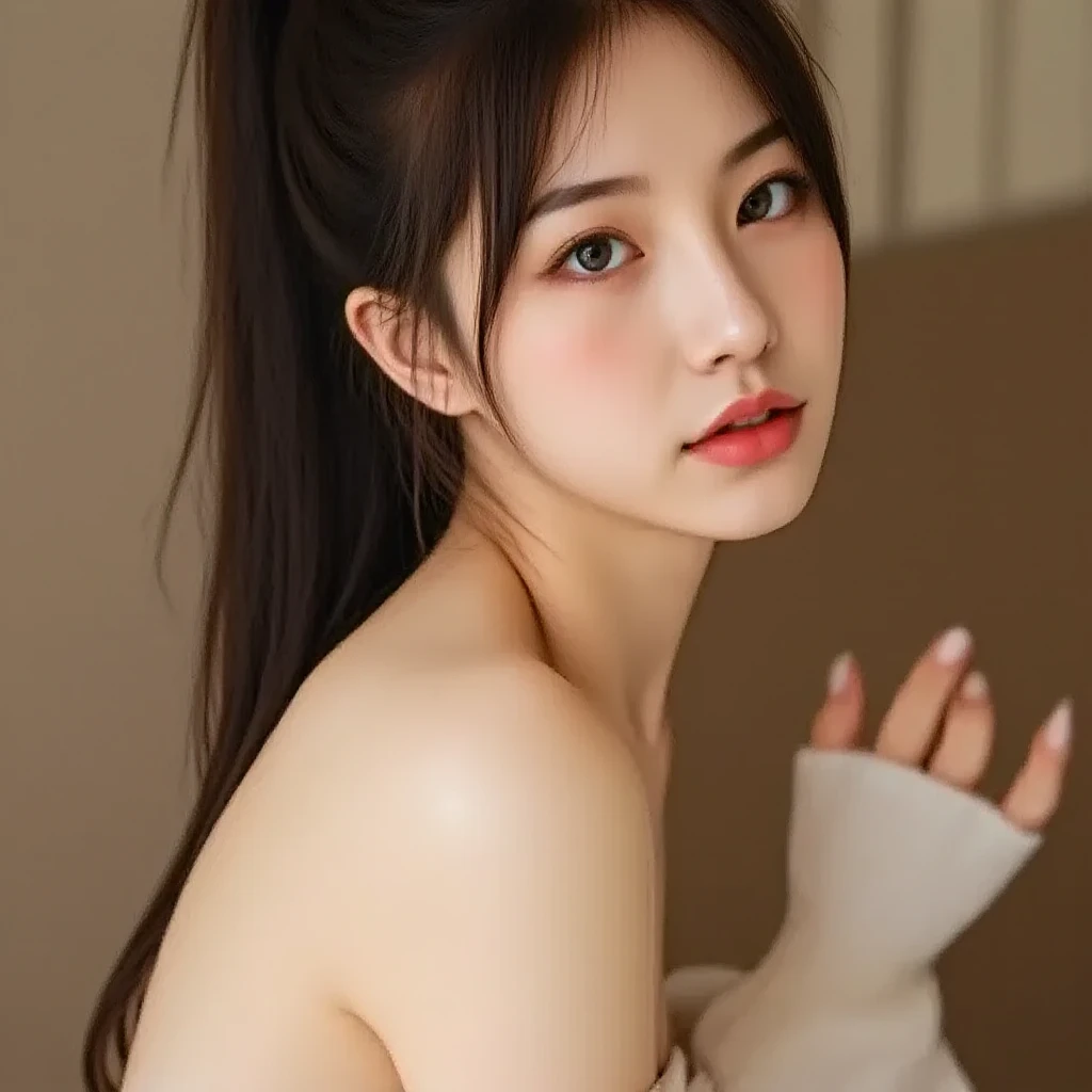25 years Old woman, Naked, beauty face, cute face, thin, Updo hair style, very small breast, Nipple, Stomach