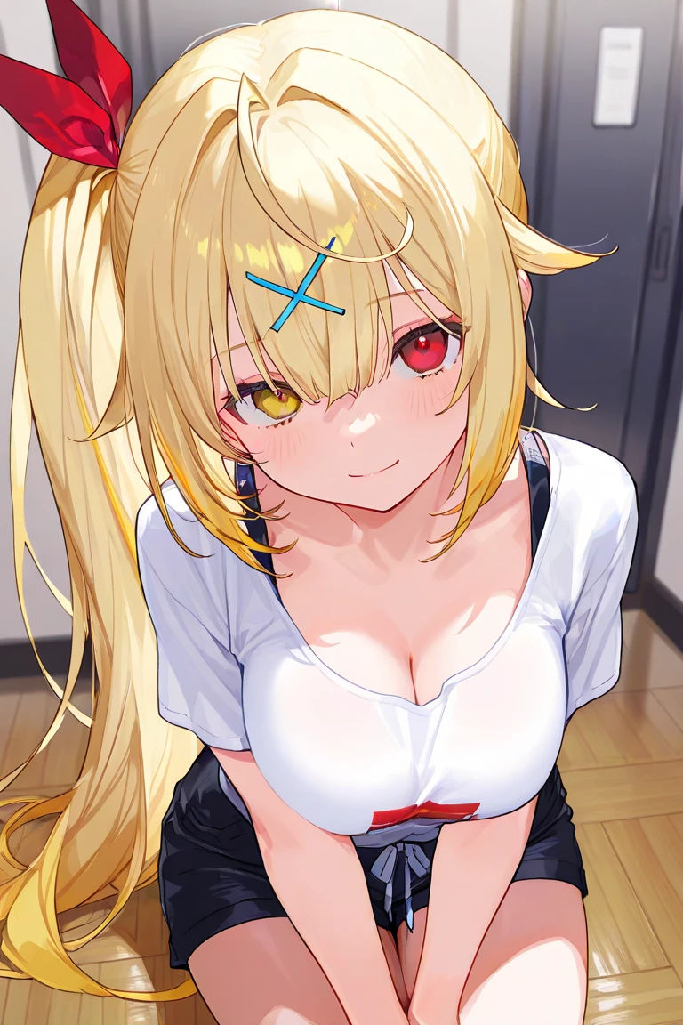 (best quality,4k,highres),sexy demon ,open denim shorts,white wet t-shirt,bare midriff,underboob,batwings,dracula fangs,gazing at viewer,portraits,vivid colors, Blonde hair,dark and atmospheric lighting, Bent over a desk, showing ass, pulling down her pants