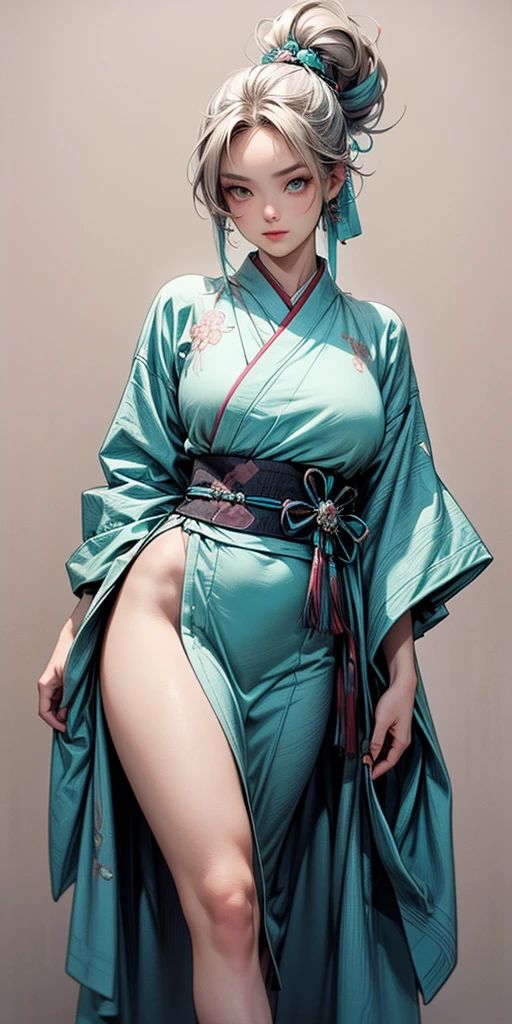 A cute and mysterious idol girl、whole body、Good style、、、、、、、、、、Thick legs、、Silver and turquoise cyber mini kimono(Poison Print)、Neat and clean idol face、、、Moonlit Night、Has a glowing spear