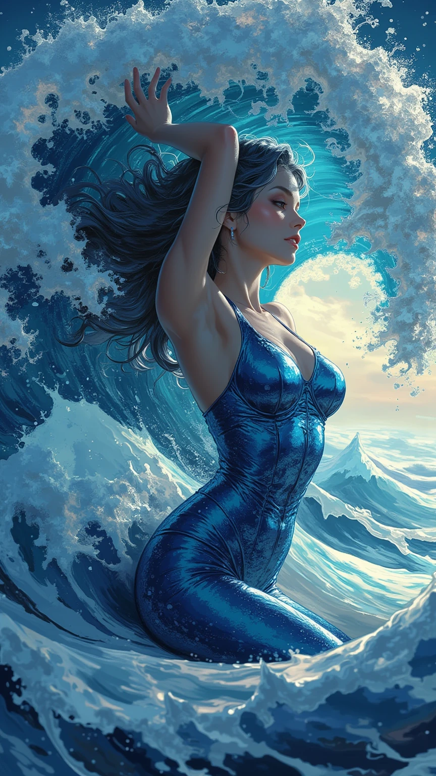 (extremely detailed 8k wallpaper),Depict a captivating 5.5-foot tall figure, Aquila, composed entirely of flowing water. Her form is fluid and ever-changing, shimmering with the colors of the sea, ranging from the deepest navy to the lightest azure. Her eyes resemble tranquil pools of water, reflecting the world around her with serene calmness. Her voice is soothing, reminiscent of a gentle stream or a calm tide. (flowing water figure:1.2), (5.5-foot tall:1.2), (fluid form:1.2), (sea colors:1.2), (tranquil pool eyes:1.2), (serene reflection:1.2), (soothing voice:1.2)