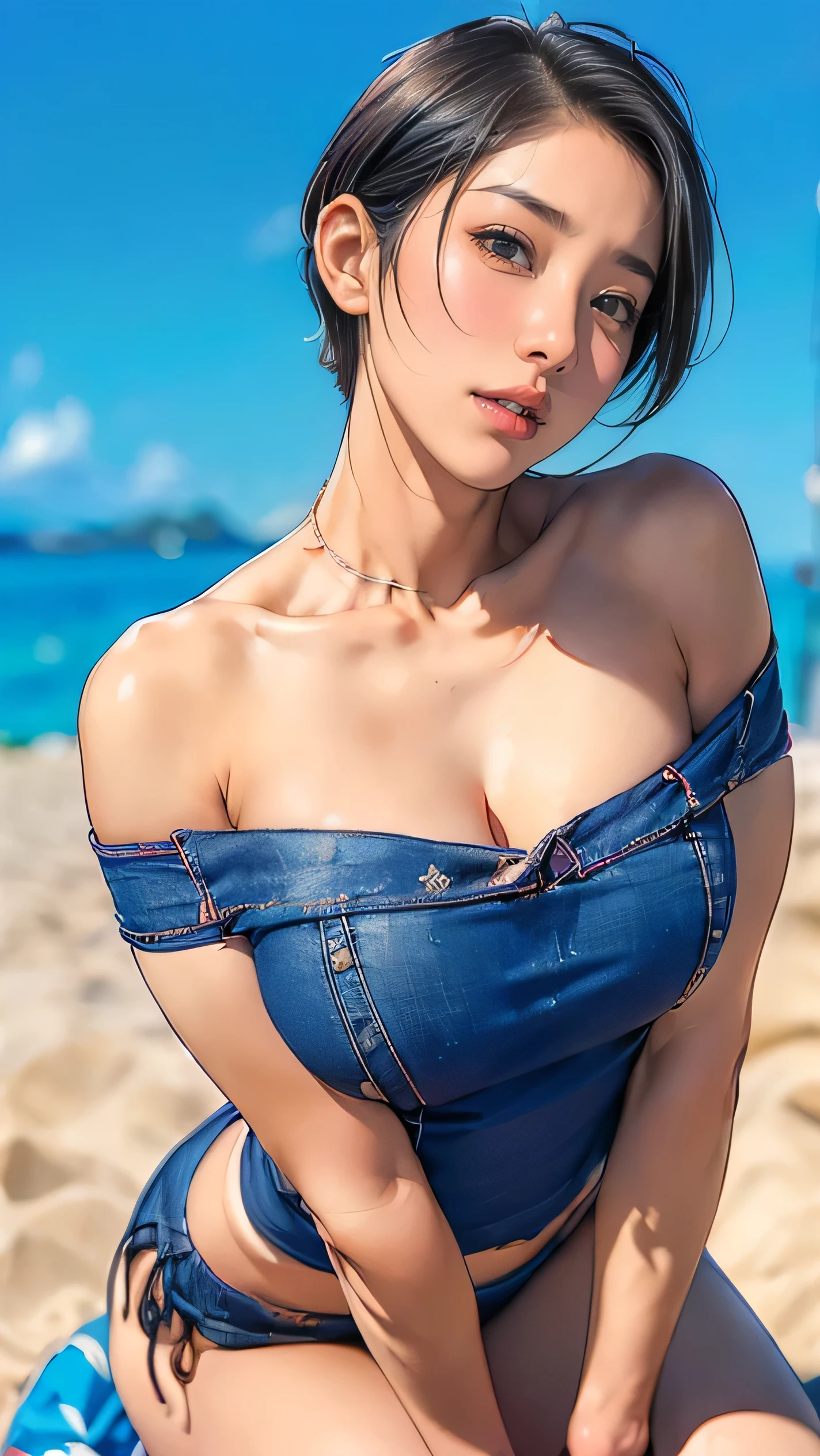 masterpiece, hinata\(boruto\), 1girl, mature women, (((Sweaters))), (((Bare shoulders))), (((Close-up photo))), (((Selfie))), (((Closed Clothing))), (((cleavage))), ((((big breasts))), (((big round breasts))), (((round breasts))), (((extremely heavy breasts))), (((Colossal tits))), (((heavy breasts))), (((plump breasts))), (((perfect breasts))), (((Outdoor))), (((beach))), (shy face), detailed lips, beautiful face, blush, (pink lips), (((long hair))), white eyes, gentle gaze, smile, super realistic, detailed, realistic face and body, realistic hair, realistic eyes, realistic nose, realistic lips, seductive pose, (((straight bangs))), (dark blue hair), 28 year old girl