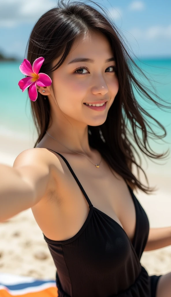 masterpiece, tanned skin, sweat, precise drawing, 8k, big eyes, long eyelashes, summer, sea, looking here, smile, delicate, slim,skiny, skinny, skinny, black hair, shot with slr, looking fun, tanned skin, cute, long eyelashes, slim, delicate, skinny, realistic, live-action, shot with slr, 8k, sweat, summer, realistic skin, big eyes, looking here, double, best quality, detailed eyes, cinematic lighting, black hair, beach, looking happy, smile, selfie, aside, tank top