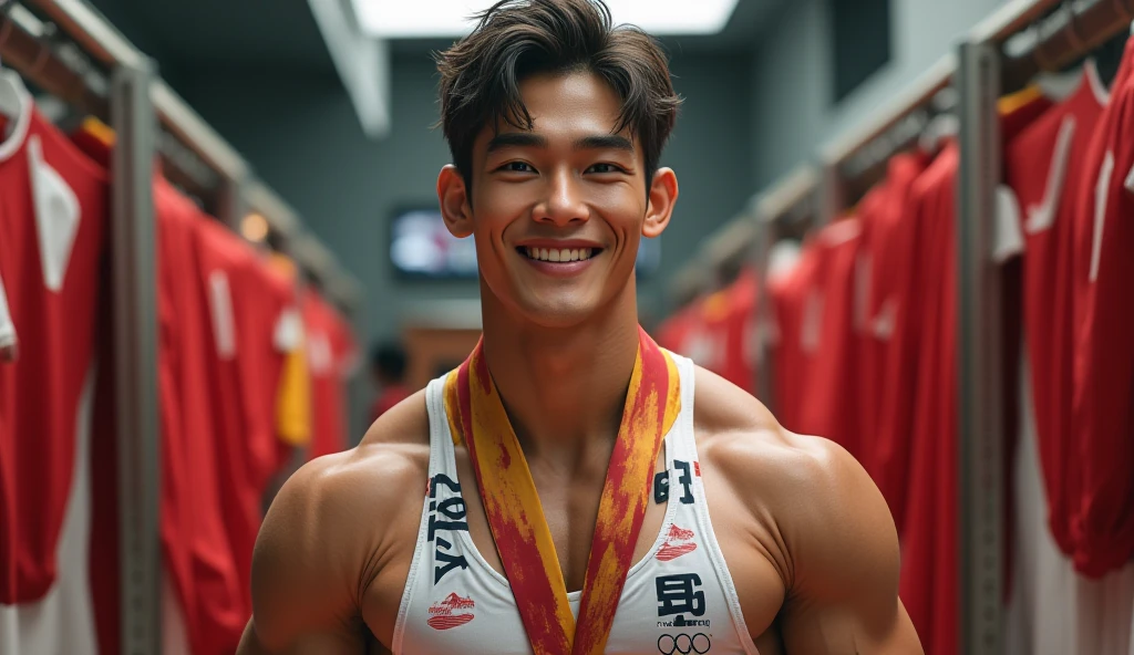 Top quality, ultra high resolution, very detailed, (photorealistic: 1.4), dynamic angle, very handsome, perfect face, model shooting, full body, flying in the sky, naughty 25 years old Japan man, shirtless, soccer socks, soccer pants, selfie, (aegyo sal: 0.2), perfect body, (blue shaved side hair: 1), smile, natural light,