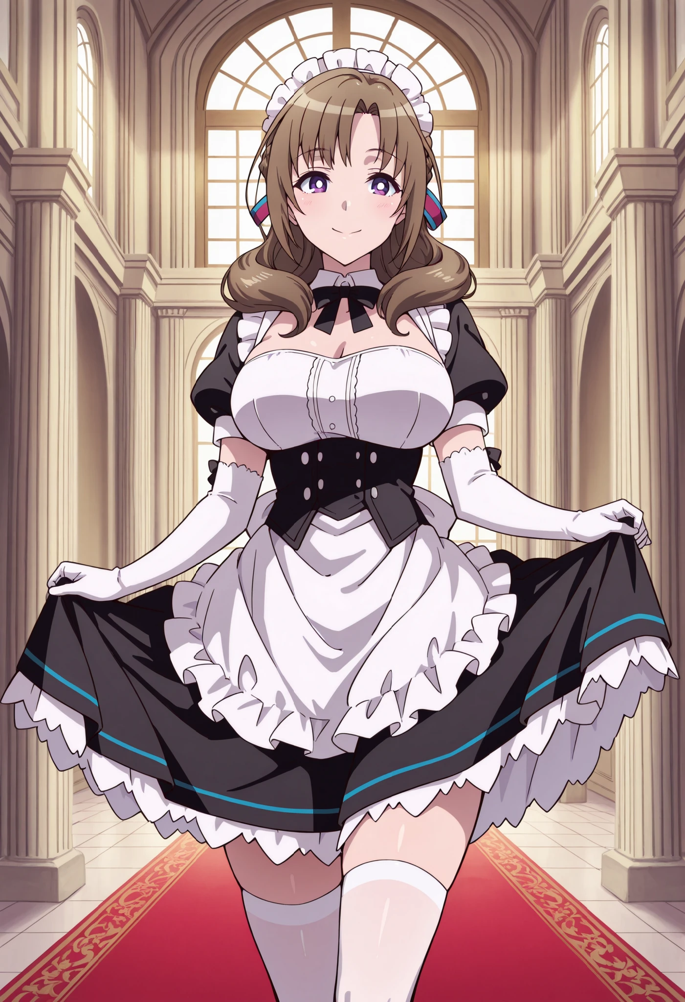 Score_9, score_8_up, score_7_up, source_anime, Mamako OOSUKI, solo, bronze hair, long_hair, hair ribbon, multicolored ribbon, braid, purple_eyes, huge_breasts, (best quality), (high quality), {masterpiece}, extremely delicate and beautiful, ultra-detailed, beautiful detailed eyes, maid, black maid costume, short sleeves, puffy sleeves, white headdress, white frilled apron, white elbow gloves, white thighhighs, mansion, indoor, smile, closed mouth, standing